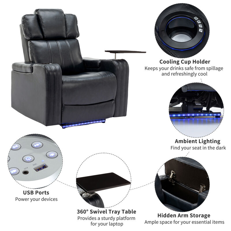 Home Theater Recliner with Speaker, LED Lights, USB Ports