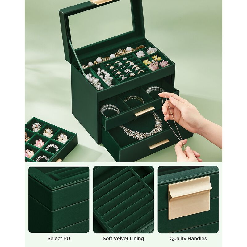 4-Layer Jewelry Box with Glass Lid and 3 Drawers - Modern Organizer for Sunglasses and Big Jewelry