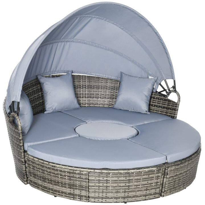 Rattan Patio Furniture Set 4pc Round Convertible Daybed Sunbed Adjustable Sun Canopy Sectional Outdoor Sofa 2 Chairs Extending Tea Table 3 Pillows Light Grey