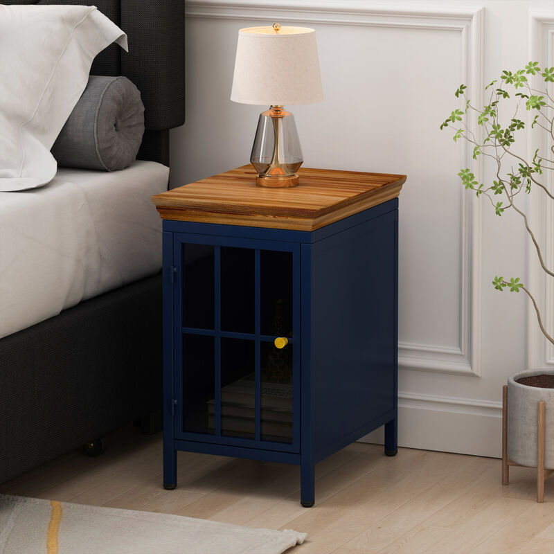 Nightstand with Storage Cabinet Solid Wood Tabletop, Bedside Table, Sofa Side Coffee Table for Bedroom, Living Room, Dark Blue