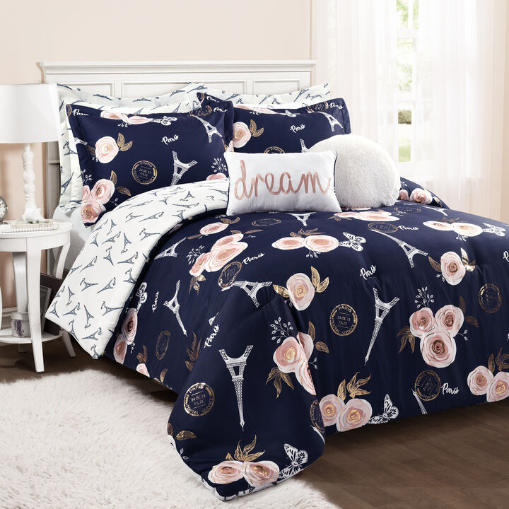 Vintage Paris Rose Butterfly Script Comforter 7-Pc Set