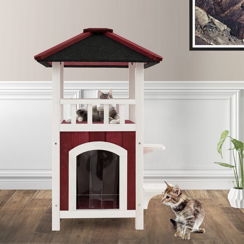 Costway Outdoor Cat House 2-Story Wooden Cat Shelter with Asphalt Roof Removable Floor