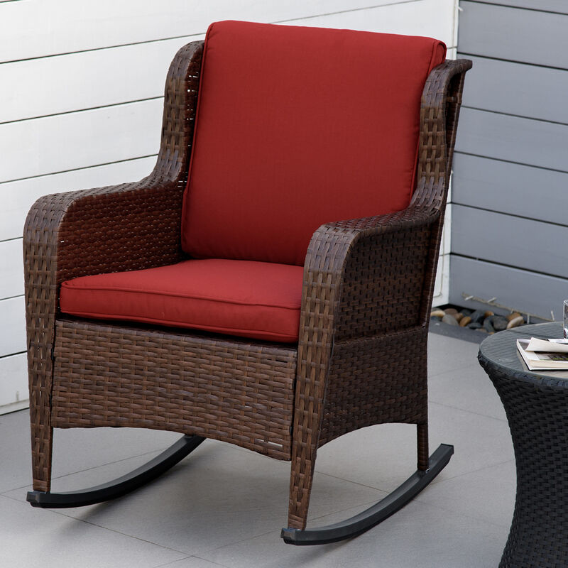 Outsunny Outdoor Wicker Rocking Chair w/Wide Seat, Thickened Cushion, Rattan Rocker with Steel Frame, High Weight Capacity for Patio, Garden, Backyard, Wine Red