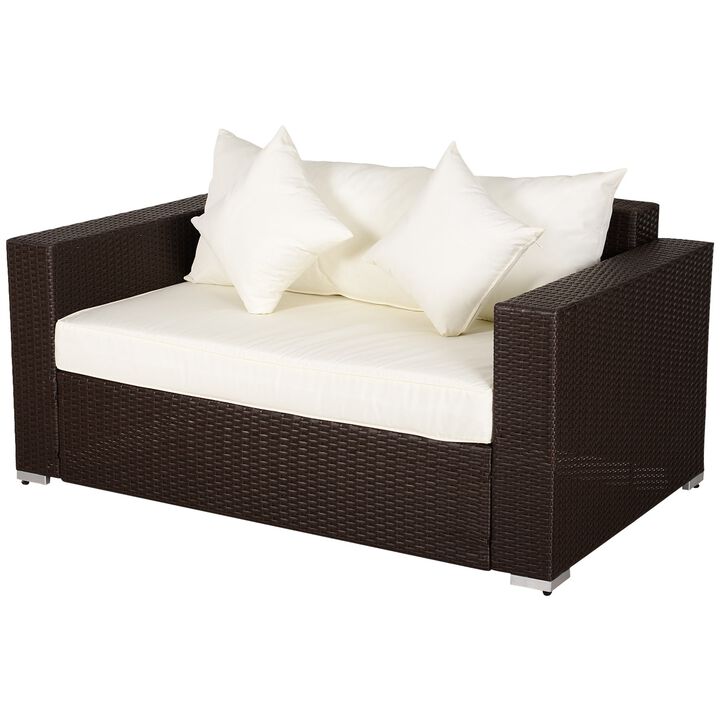Outdoor PE All-Weather Rattan Loveseat Couch: with 2 Throw Pillows & Comfortable Cushions in an Elegant Style