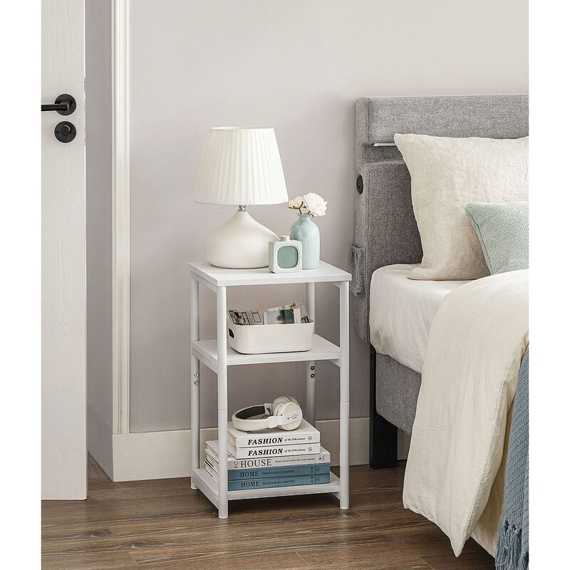 Tall Slim Side Table with Storage Shelves and Steel Frame for Living Room or Bedroom`