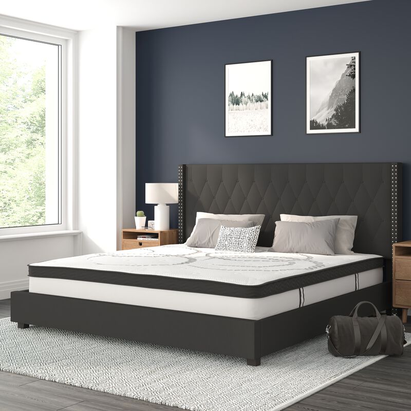 Riverdale King Size Tufted Upholstered Platform Bed in Black Fabric with 10 Inch CertiPUR-US Certified Pocket Spring Mattress