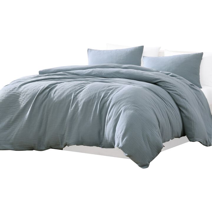 Uvi 3 Piece Queen Comforter Set, Cotton, Natural Crinkled Texture, Blue - Benzara