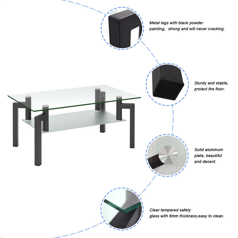 Hivvago Rectangular Double Layer Tempered Glass Coffee Table with Metal Legs