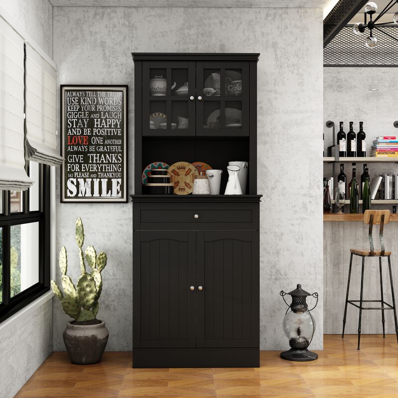 Black Painted Accent Storage Cabinet, Sideboard with Framed Transparent Doors, Drawer, Adjustable Shelves and Hutch