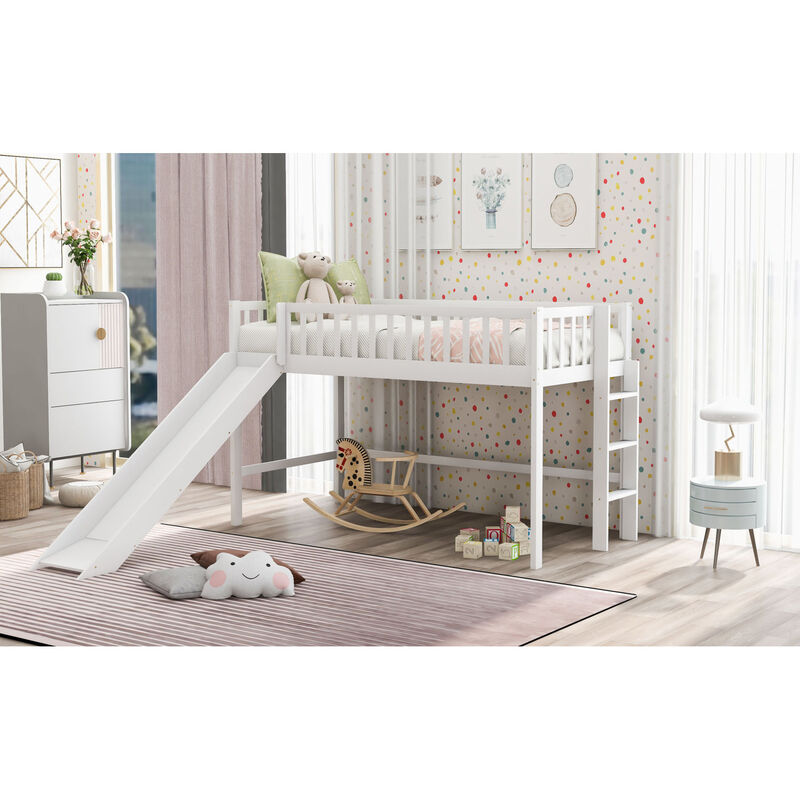 Twin Size Low Loft Bed with Ladder and Slide