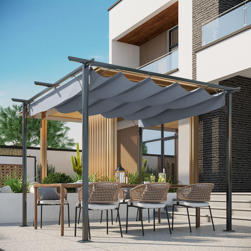 Outsunny 10' x 10' Outdoor Retractable Pergola Canopy, Metal Patio Shade Shelter for Backyard, Porch Party, Garden, Grill Gazebo, Gray