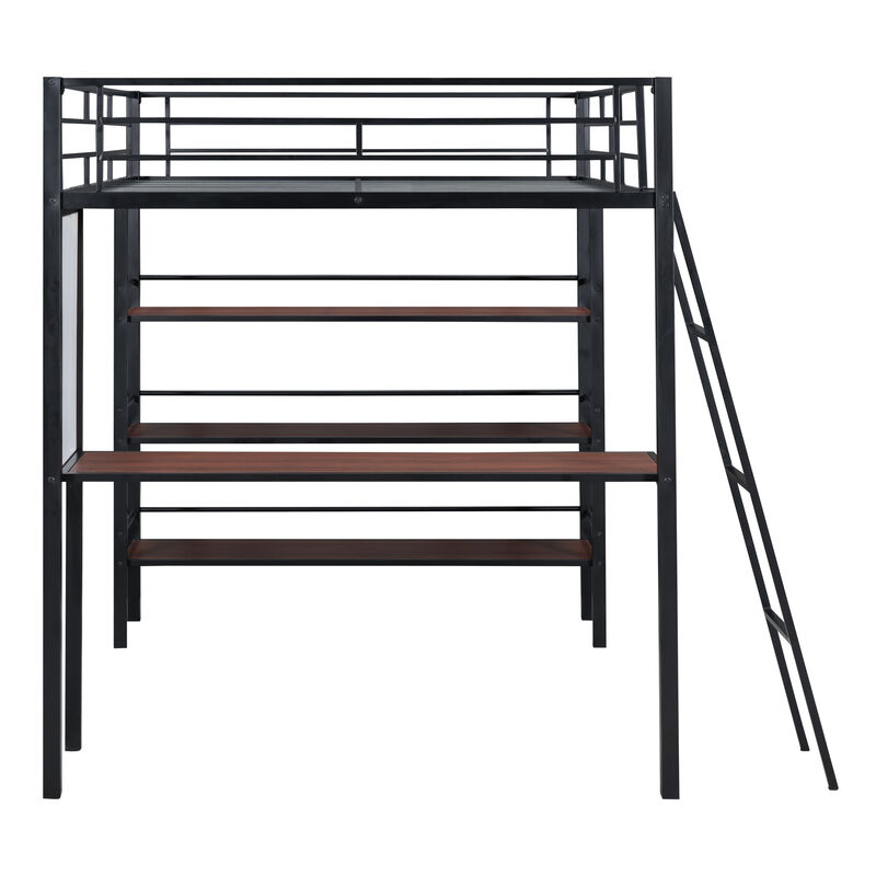 Merax Metal Loft  Bed with  Desk and 3 Layers of Shelves