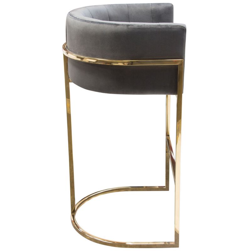 Meha 29 Inch Cantilever Bar Chair, Channel Tufted Back, Gray Velvet, Gold - Benzara