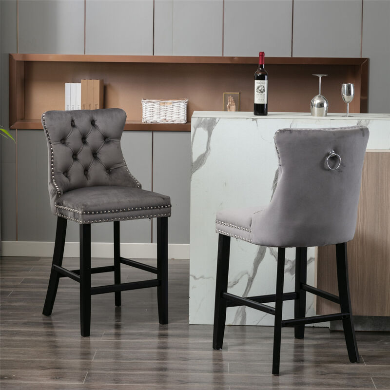 Contemporary Velvet Upholstered Bar Stools with Button Tufted Decoration and Wooden Legs, and Chrome Nailhead Trim, Leisure Style Bar Chairs, Bar stools, Set of 2 (Gray)