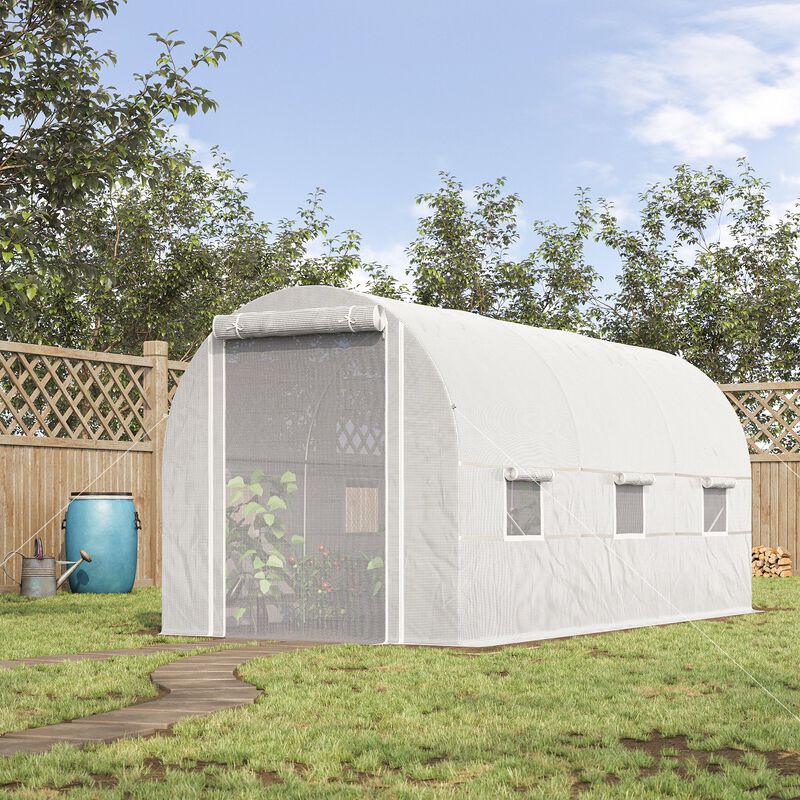 Outsunny 15' x 7' x 7' Walk-In Tunnel Greenhouse, Large Garden Hot House Kit with 6 Roll-up Windows & Roll Up Door, Steel Frame, White