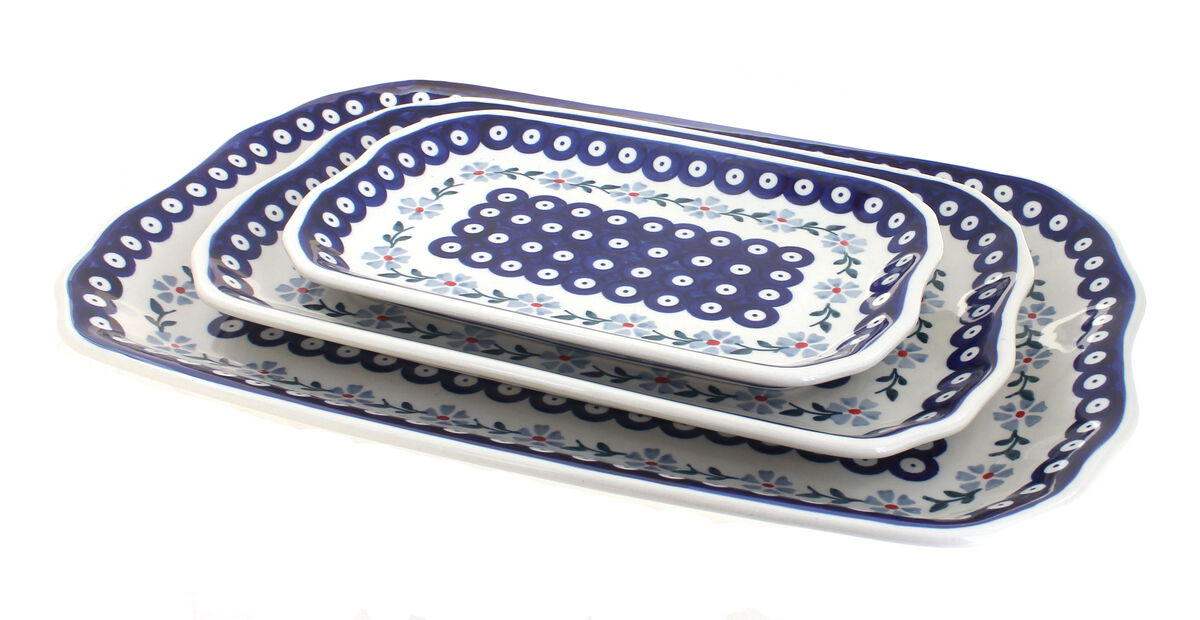 Blue Rose Polish Pottery Blue Violet 3 Piece Rectangular Serving Tray Set