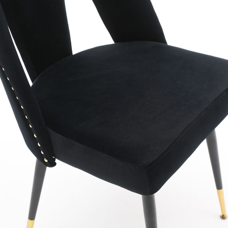 Modern Contemporary Velvet Upholstered Dining Chair with Nailheads and Gold Tipped Black Metal Legs, Black, Set of 2