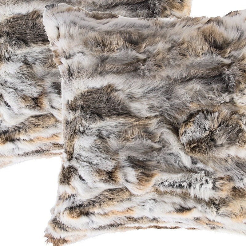 Homezia Set Of Two 18" X 18" Tan And White Rabbit  Natural Fur Animal Print Throw Pillows