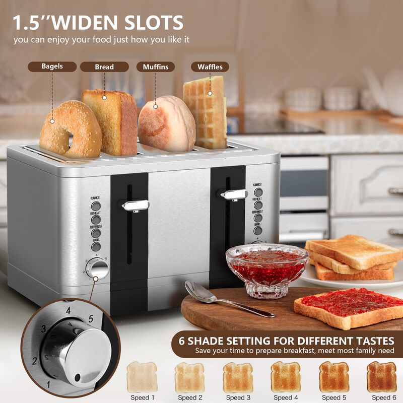 4-Slice Toaster Stainless Steel Toaster 7 Shade Setting Extra Wide Slots Sliver