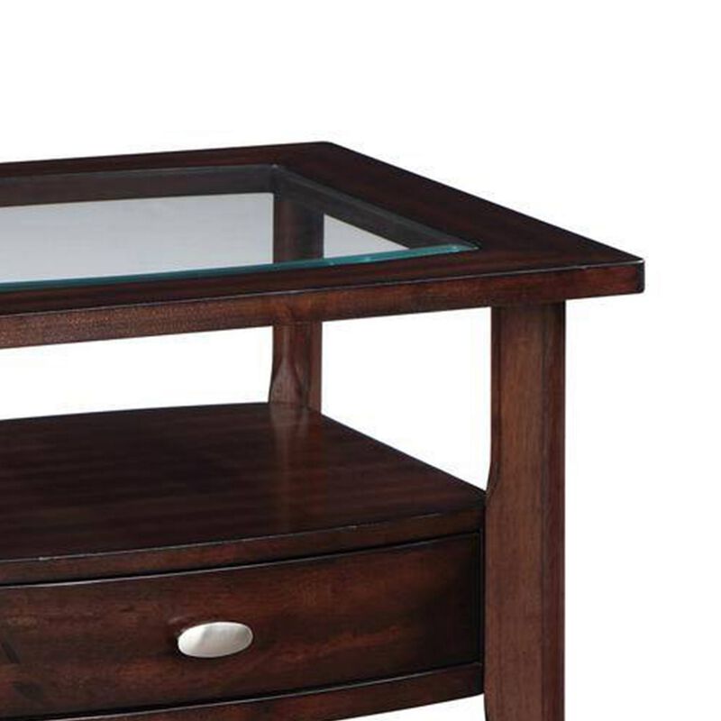 Ruen 27 Inch Side End Table, Glass Inset, Bottom Shelf, 1 Drawer, Brown - Benzara