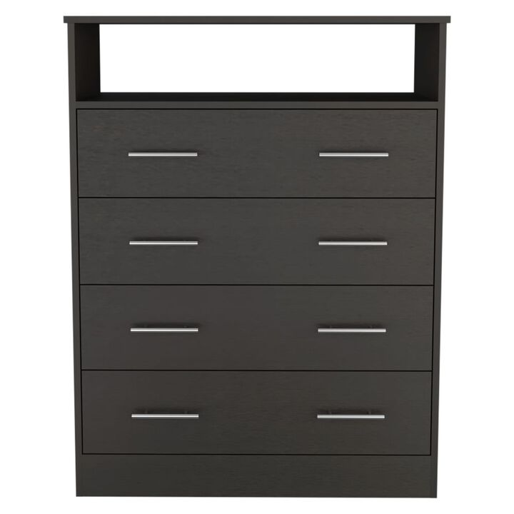 DEPOT E-SHOP Serbian Four Drawer Dresser, Superior Top, One Open Shelf, Black