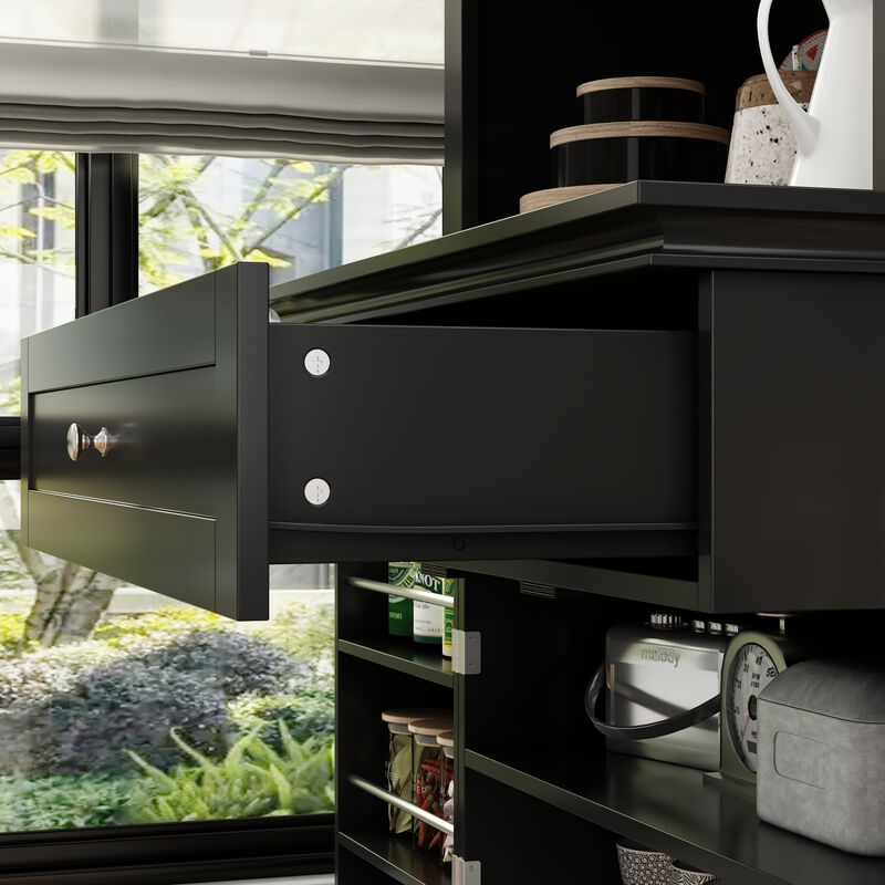 Black Painted Accent Storage Cabinet, Sideboard with Framed Transparent Doors, Drawer, Adjustable Shelves and Hutch