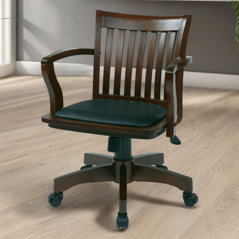 Hivvago Espresso Bankers Chair with  Black Vinyl Padded Seat and Wood Arms