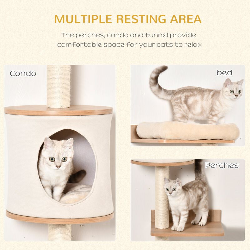 4-Level Wall-Mounted Cat Tree Activity Tower, Wall Cat Shelves with Sisal Rope Scratching Posts, Cat Condo and Bed, Light Brown