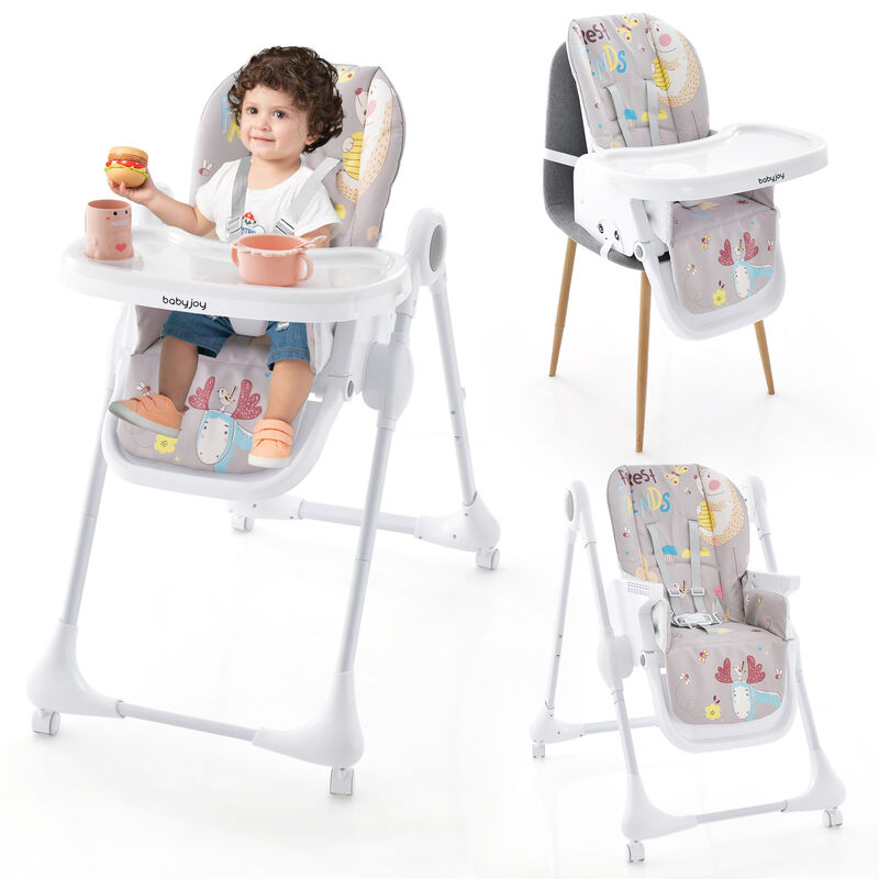 3-In-1 Convertible Highchair with Adjustable Height and 5-Point Safety Belt and Lockable Wheels