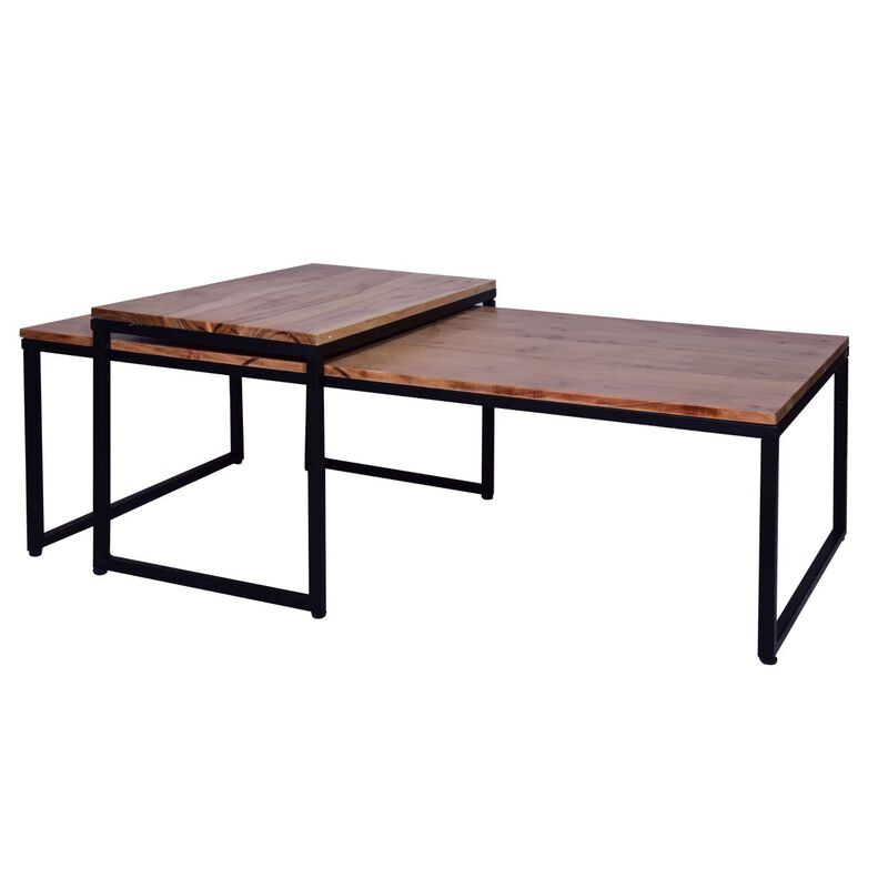 48,27 Inch 2 Piece Rectangular Wood Nesting Coffee And End Table Set, Sled Metal Base, Brown, Black