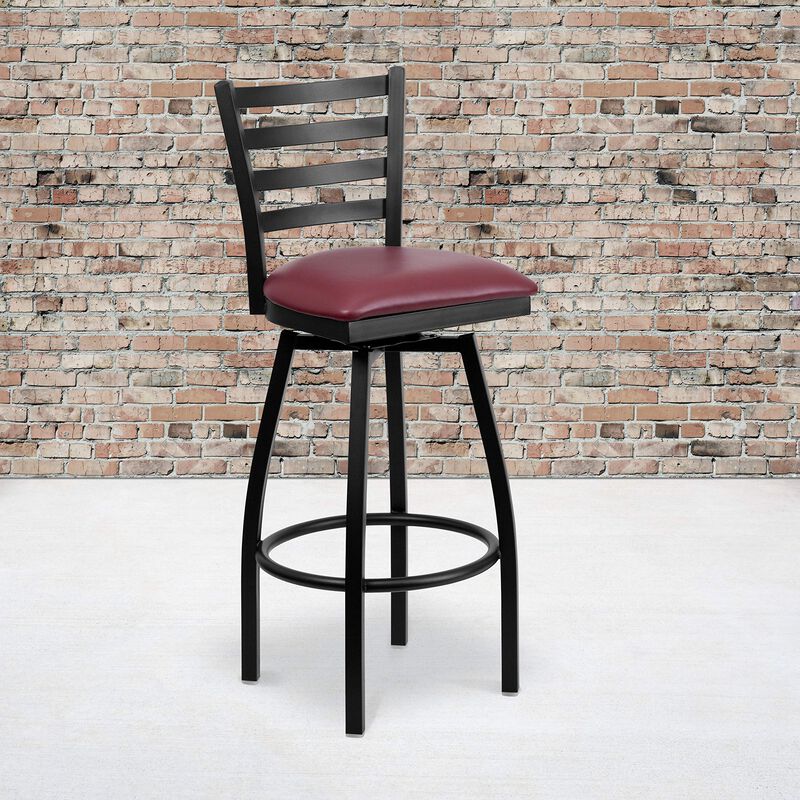 Flash Furniture HERCULES Series Black Ladder Back Swivel Metal Barstool - Burgundy Vinyl Seat