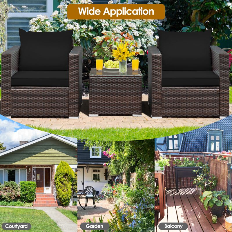 3 Pcs Patio Conversation Rattan Furniture Set with Cushion