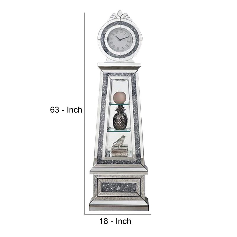 Mirrored Grandfather Clock with 3 Open Compartments, Silver-Benzara