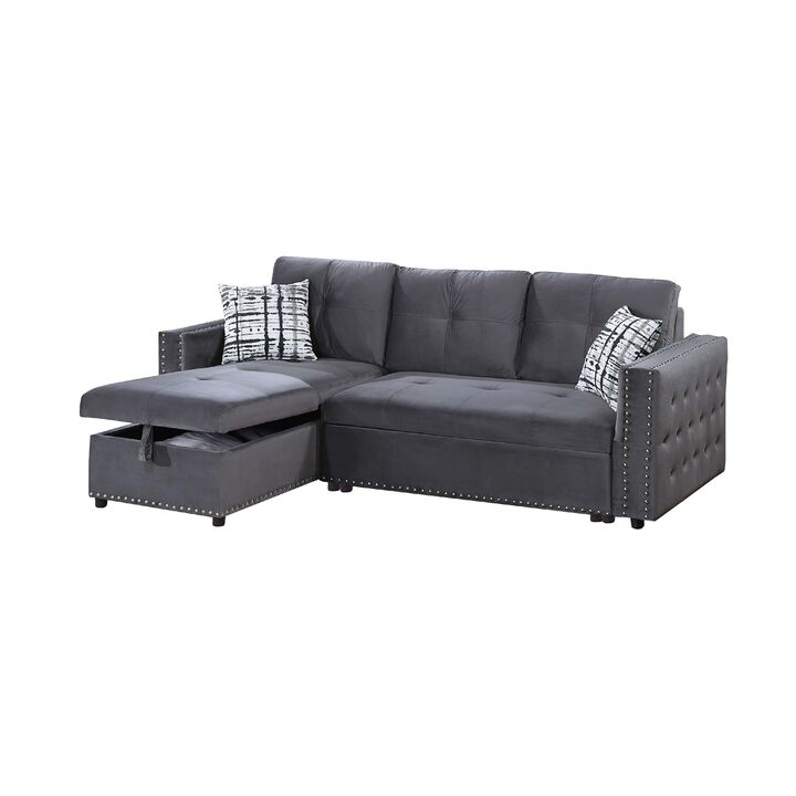 Ero Convertible Sectional Sofa, Storage Chaise, 2 Pillows, Gray Velvet - Benzara