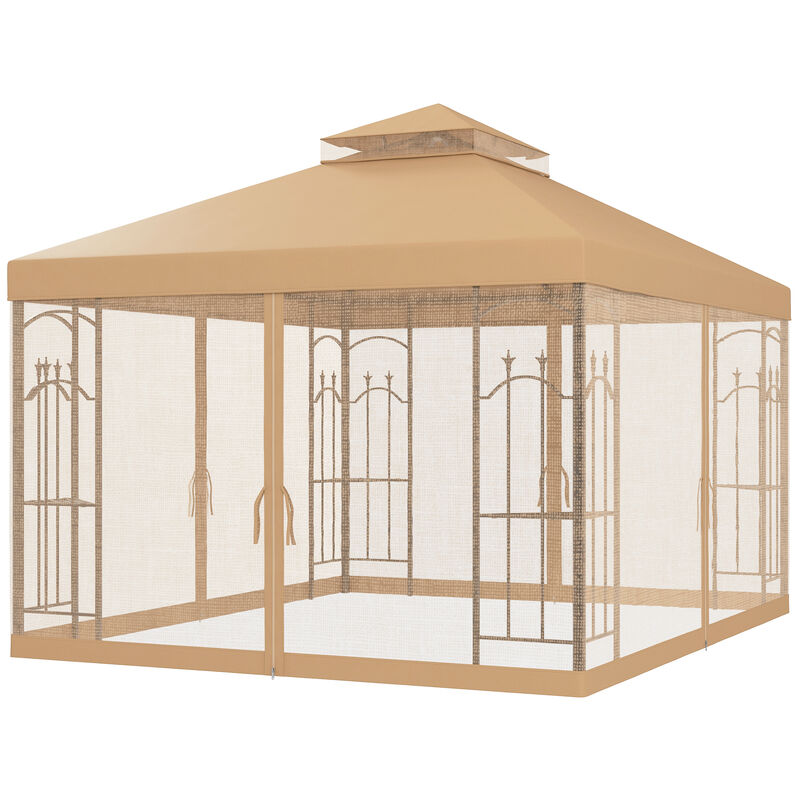 Outsunny 10' x 10' Patio Gazebo with Corner Frame Shelves, Double Roof Outdoor Gazebo Canopy Shelter with Netting, for Patio, Wedding, Catering & Events, Brown