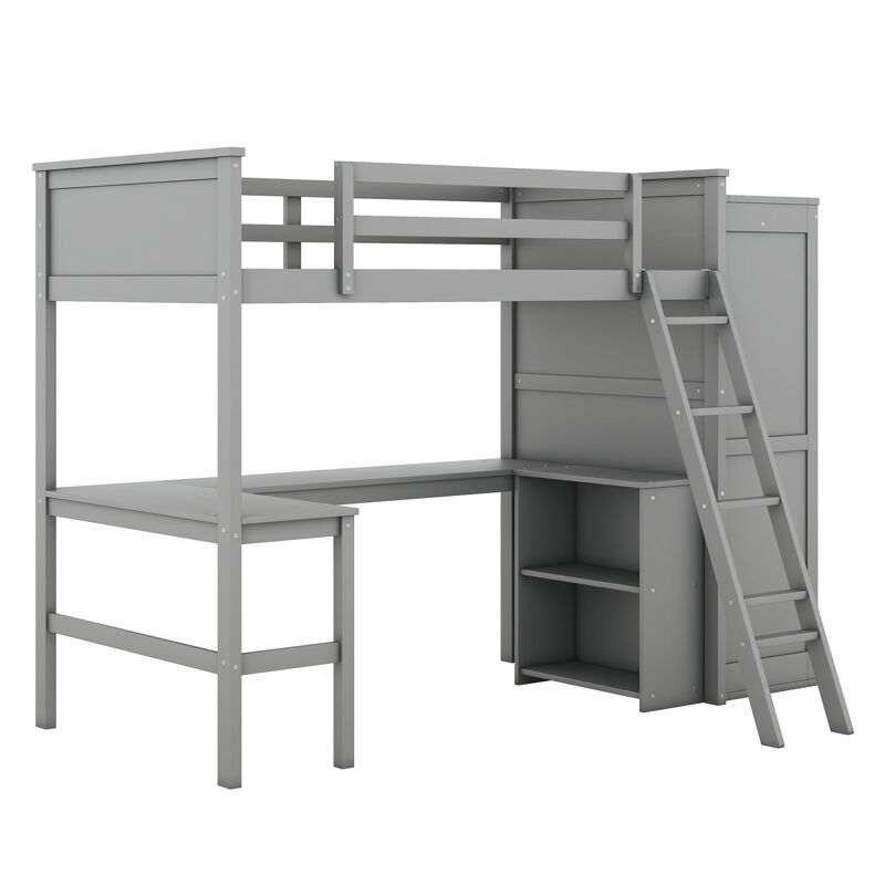 Twin size Loft Bed with Desk, Shelves and Wardrobe Gray