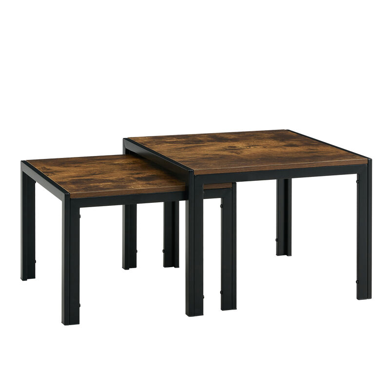 Nesting Coffee Table Set of 2, Square Modern Stacking Table with Wood Finish for Living Room,Rustic Brown