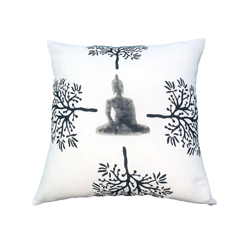 18 x 18 Square Accent Throw Pillow, Meditating Buddha, Soft Polyester Filling, Gray, White