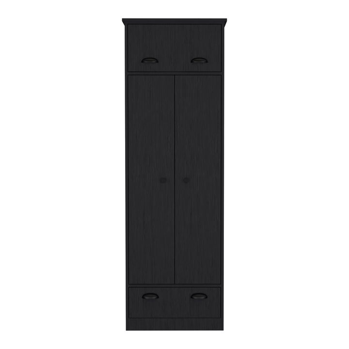DEPOT E-SHOP dresser-closet with upper storage covered with 1 door, 2 central shelves, 1 tube for hanging clothes covered by 2 doors, and 1 drawer, Black