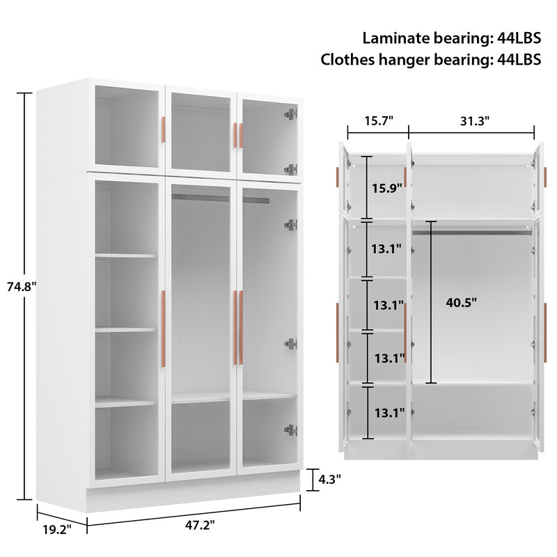 White Wood 47.2 in. W Glass Doors Armoires Metal Frame Wardwore with LED Lights, Hanging Rod (74.8 in. H x 19.2 in. D)