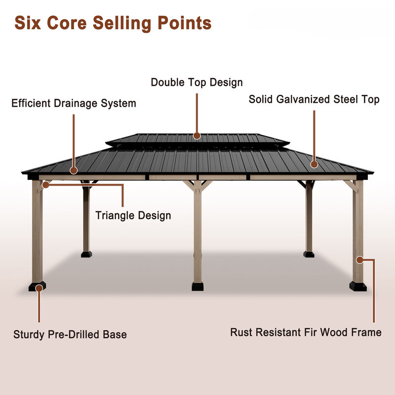 Mondawe 12 ft. x 20 ft. Outdoor Cedar Wood Frame Hardtop Gazebo Double Galvanized Steel Roof with Netting and Curtain