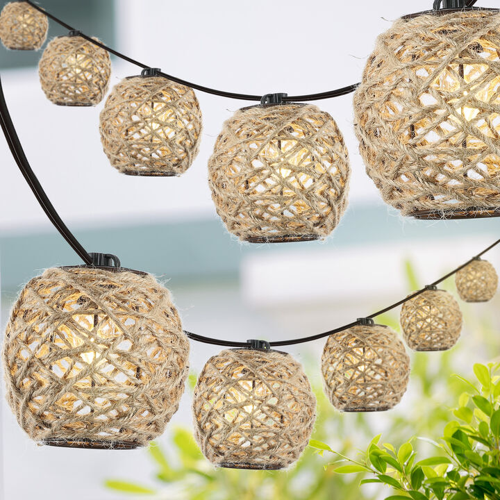 Oahu 10-Light Indoor/Outdoor 10 ft. Rustic Coastal Incandescent C7 Globe Hemp Rope Shaded String Lights, Light Brown