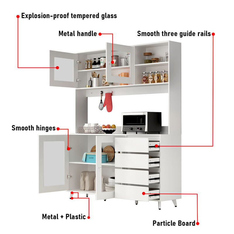 White Large Kitchen Pantry Cabinet Buffet with 4-Drawers Hooks Open Shelves and Glass Doors