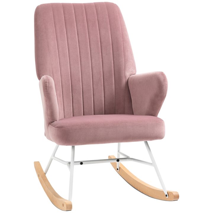 Accent Rocking Chairs, Upholstered Nursery Glider Rocker, Modern Armchair, Wingback Chair for Living Room and Bedroom, Pink