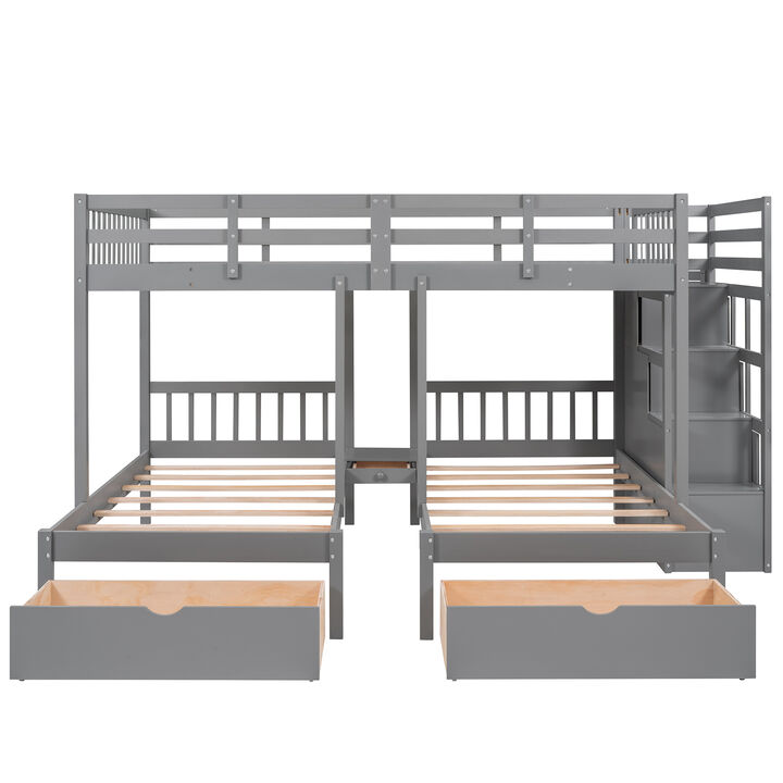 Whisen Full Over Twin & Twin Bunk Bed, Wood Triple Bunk Bed with Drawers and Guardrails