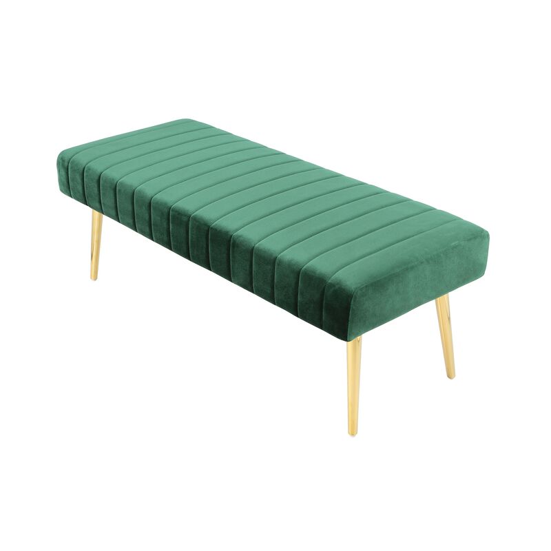 Lida 45 Inch Bench, Cushioned Channel Tufting, Green Velvet Upholstery, Gold - Benzara