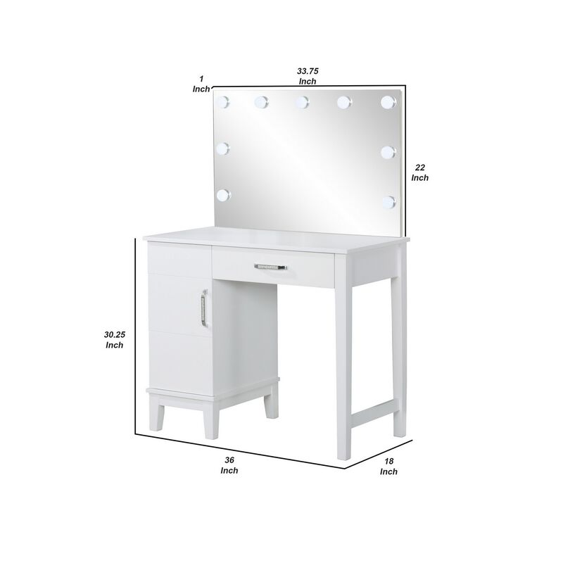Vanity Set with 9 LED Bulbs and Tapered Block Legs, White-Benzara