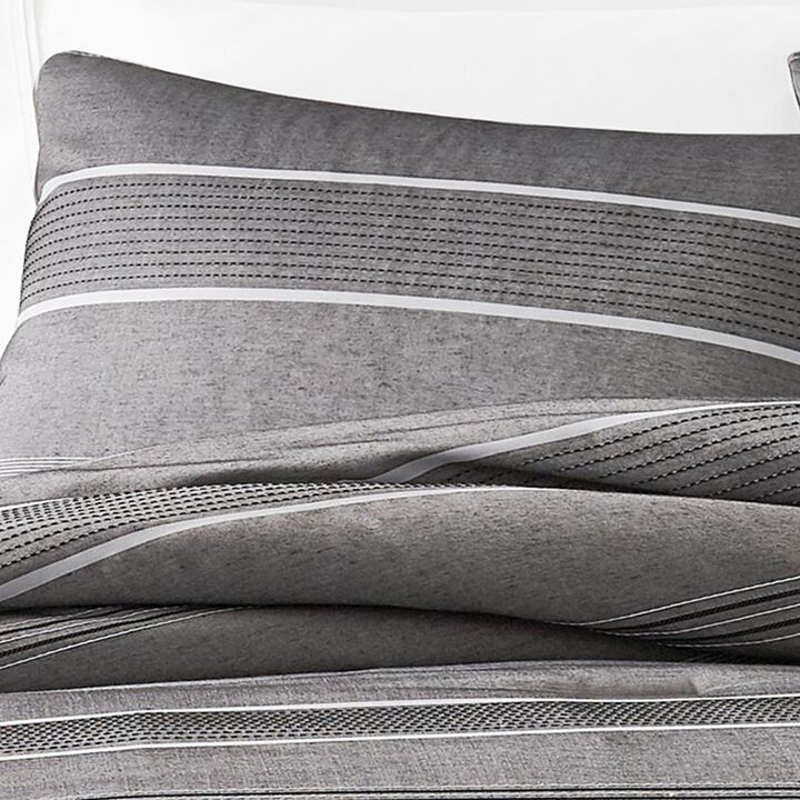 Arlo 3 Piece Queen Size Comforter Set, Striped Woven Jacquard, Soft Gray - Benzara