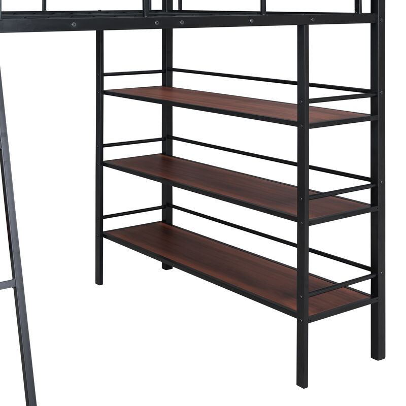 Merax Metal Loft  Bed with  Desk and 3 Layers of Shelves