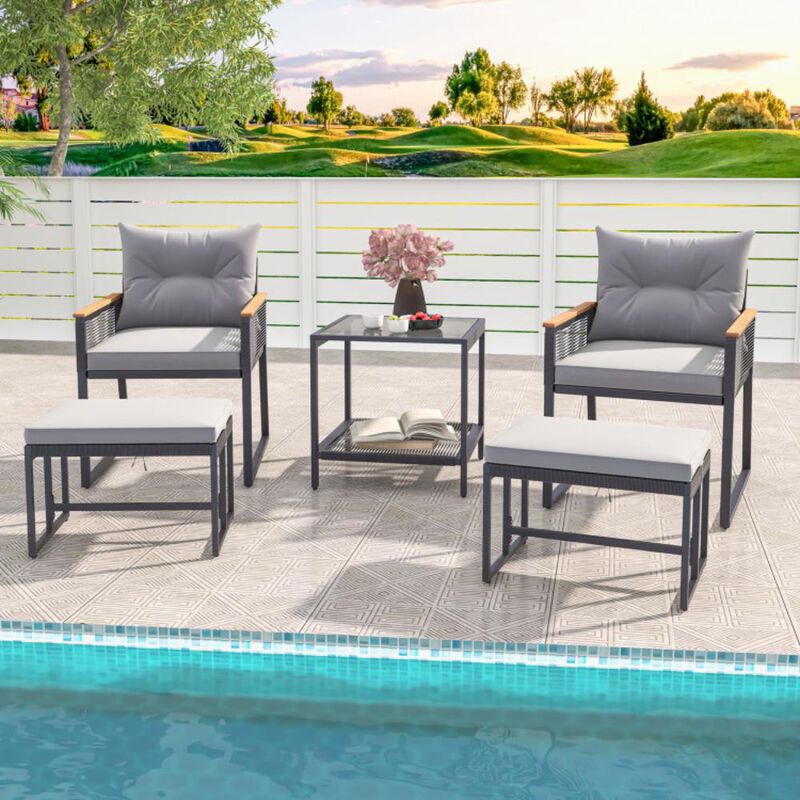 Hivvago 5 Piece Outdoor Rattan Conversation Set with 2-Layer Side Table and 2 Ottomans